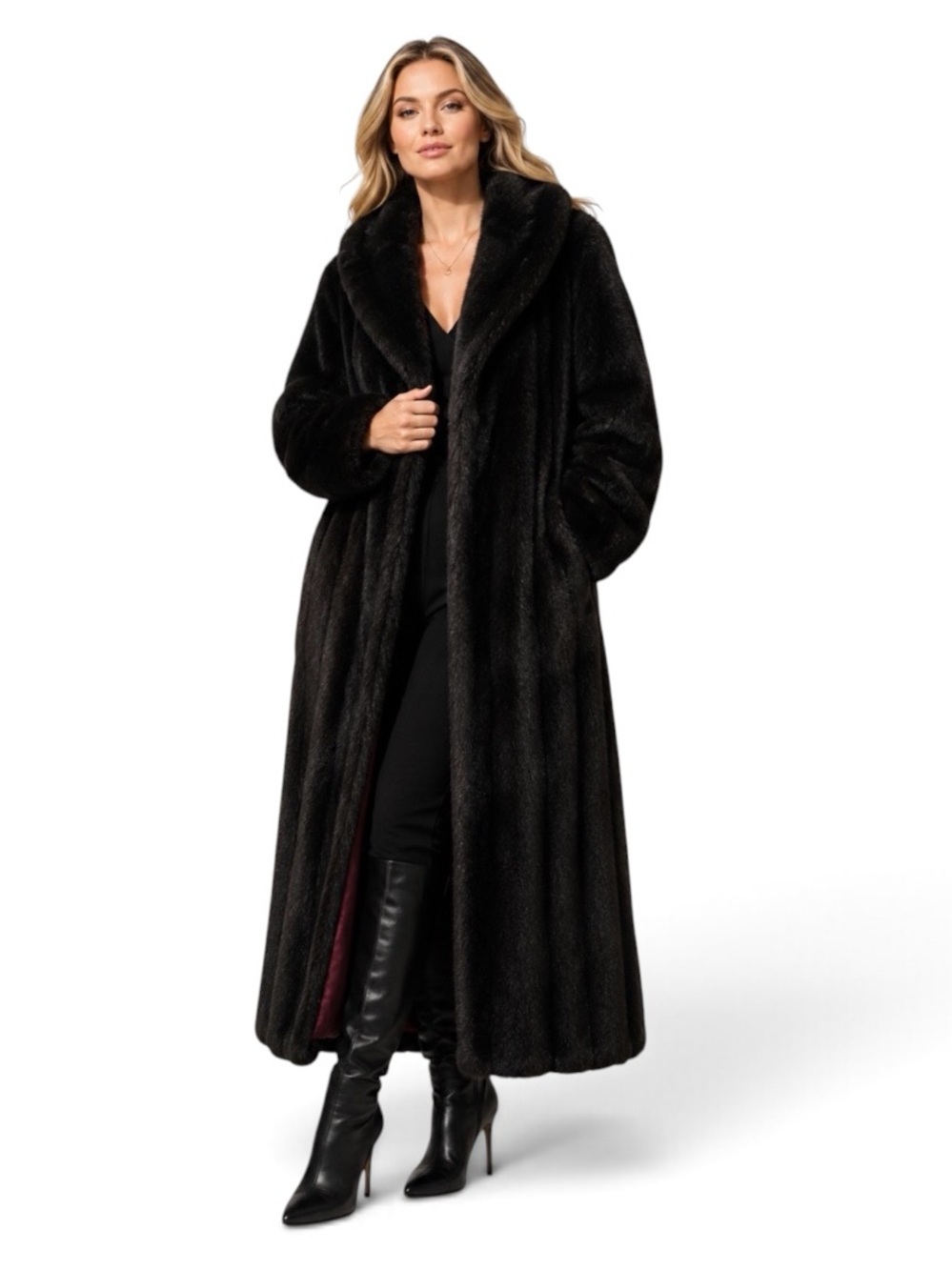 Vintage Monterey Fashions Black Faux Fur Full-Length Coat Size 12  Dramatic
